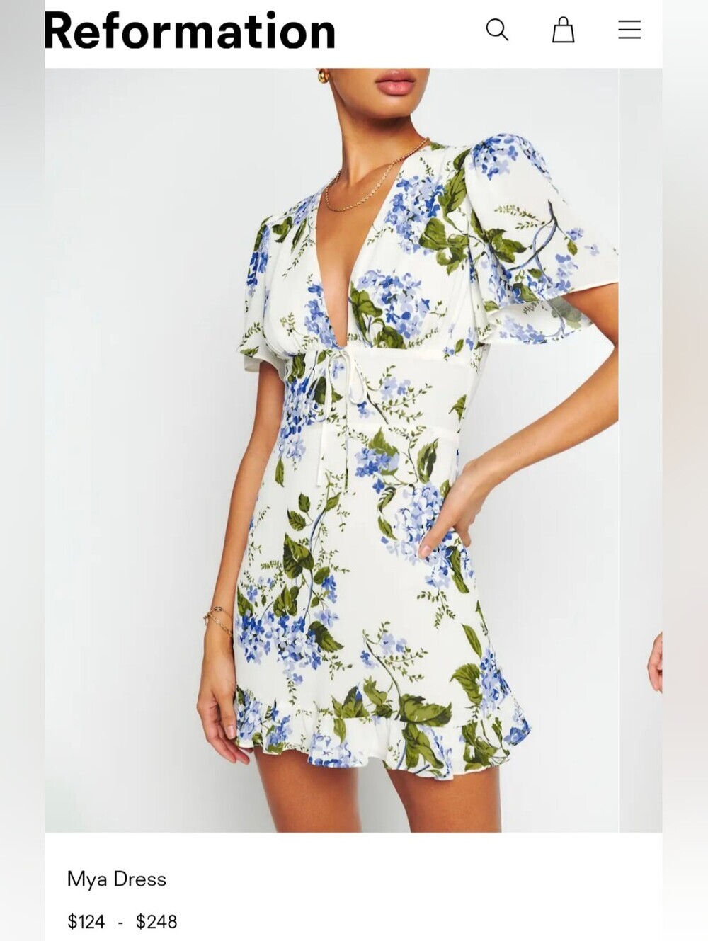 Reformation Mya Deep Vneck Floral Mini Dress, Women's 2
